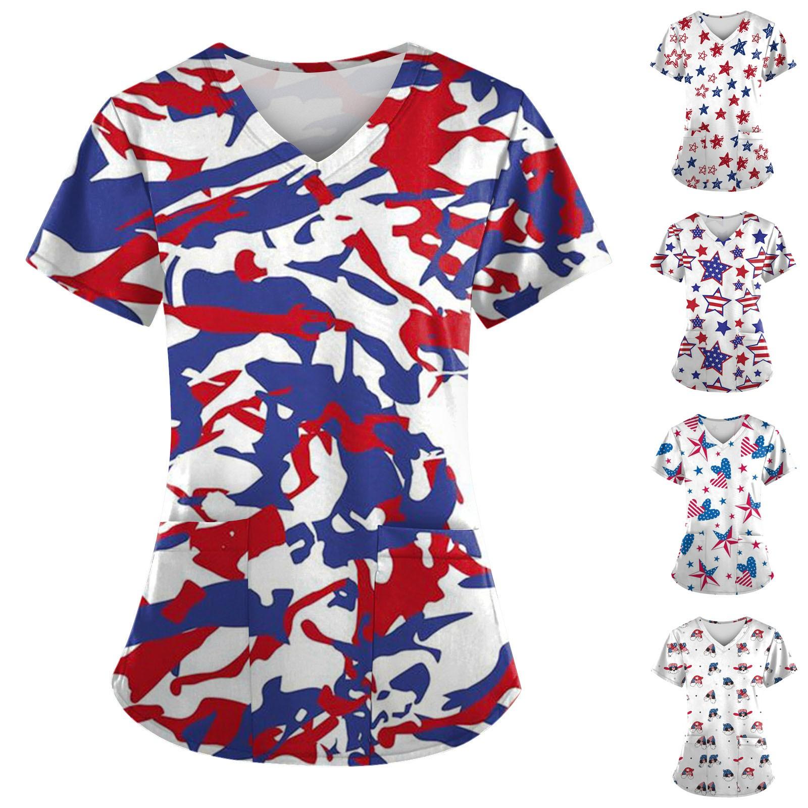 

(Куниде) Женская модная рабочая форма с принтом и карманной футболкой с коротким рукавом