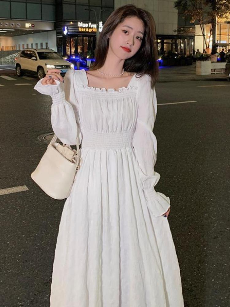 Women Long Sleeve Midi Dress Square Collar Party Elegant Casual Long Dresses