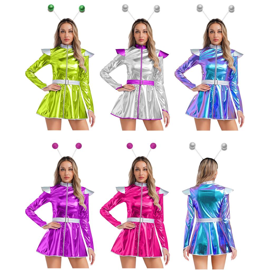 Halloween Space Party Dress for Women S-XXL, Glossy Metallic Alien Astronaut A-line Cosplay with Long Sleeve & Hair Hoop
