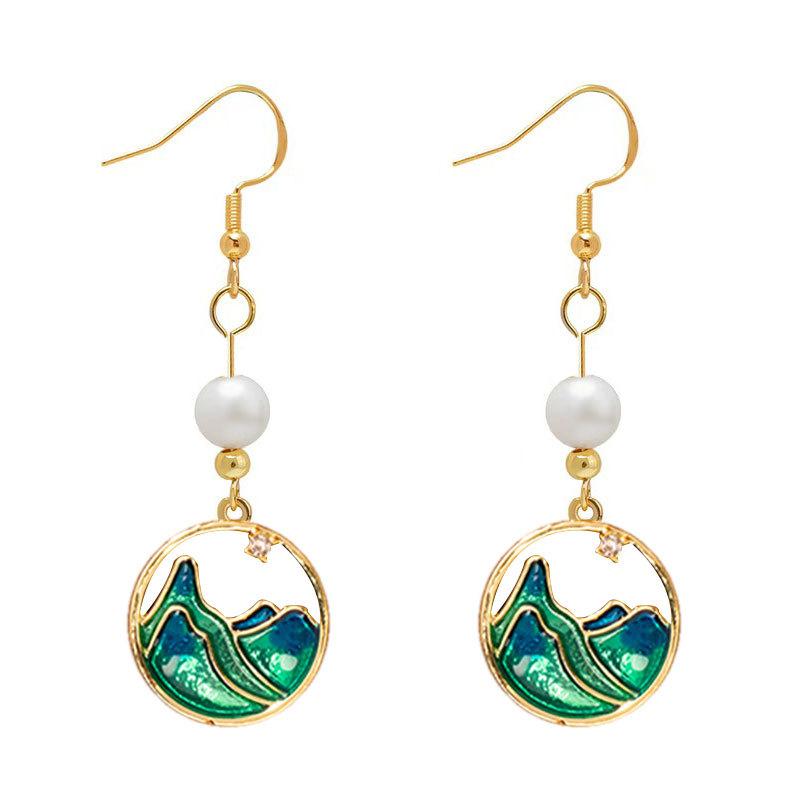 Chinese-Style Guochao Retro Earrings, Dripping Oil Enamel Niche Ear Hooks Are Only Green And Thousands Of Miles Of Jiangshan Earrings, High-End Sense