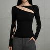 Summer New Style Hollow Design Long-sleeved T-shirt Simple Black Irregular Top for Women