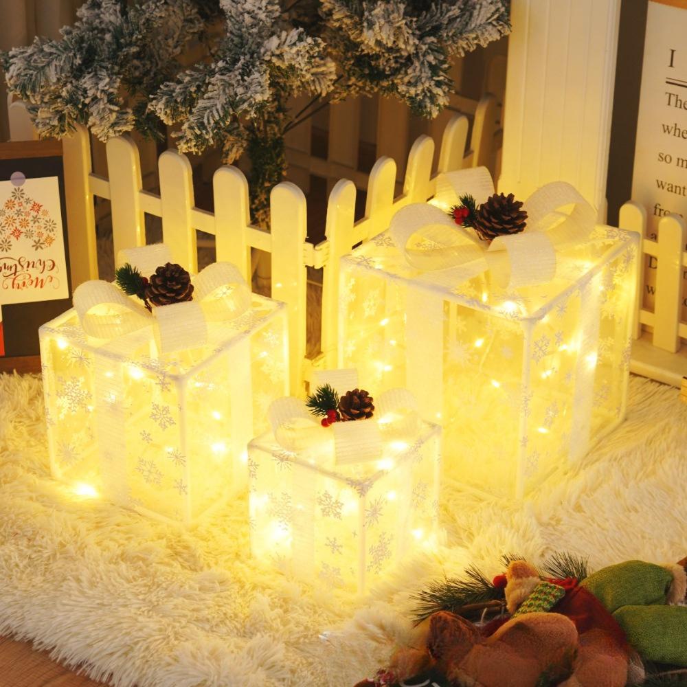 3pcs Lighted Christmas Gift Box Set with Warm LED Lights & Snowy Ribbon Bows  Cordless Holiday Decor (Batteries Not Includ)