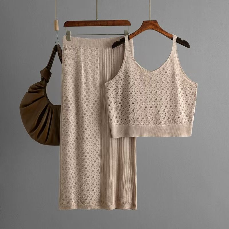 Western Style Knitted Hollow out Cami Skirt Two-piece Set Knitted Vest and Skirt Set