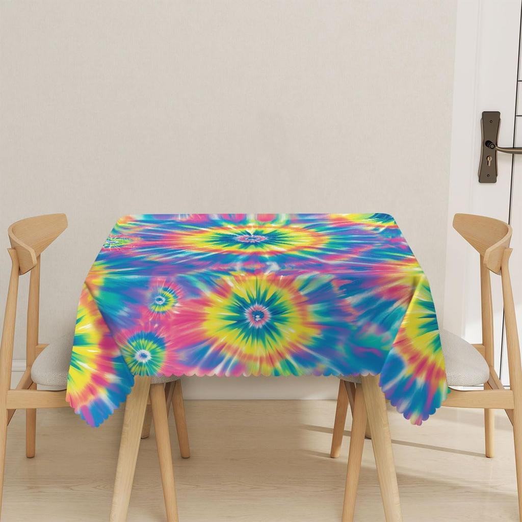 Tie Dye Square Tablecloth Hippie Colorful Swirls Rainbow Table Cloth Cover for Holiday Parties Kitchen Dining Indoor Outdoor