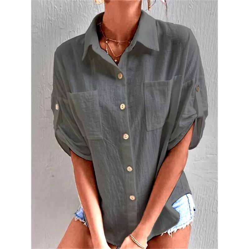 

Женская блузка, рубашка средней длины с карманом и воротником со средним рукавом XXXL