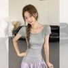 Korean High-end Temperament One-word Collar Showing Clavicle and Thin Knitted Short-sleeved Women's Summer Versatile Pure Desire T-shirt Top