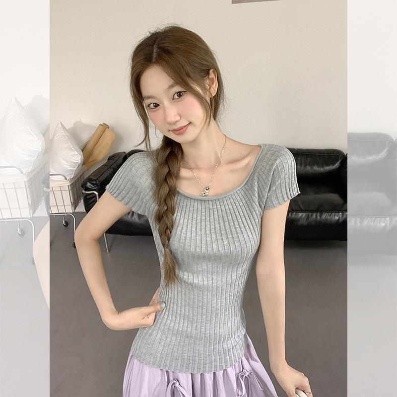 Korean High-end Temperament One-word Collar Showing Clavicle and Thin Knitted Short-sleeved Women's Summer Versatile Pure Desire T-shirt Top