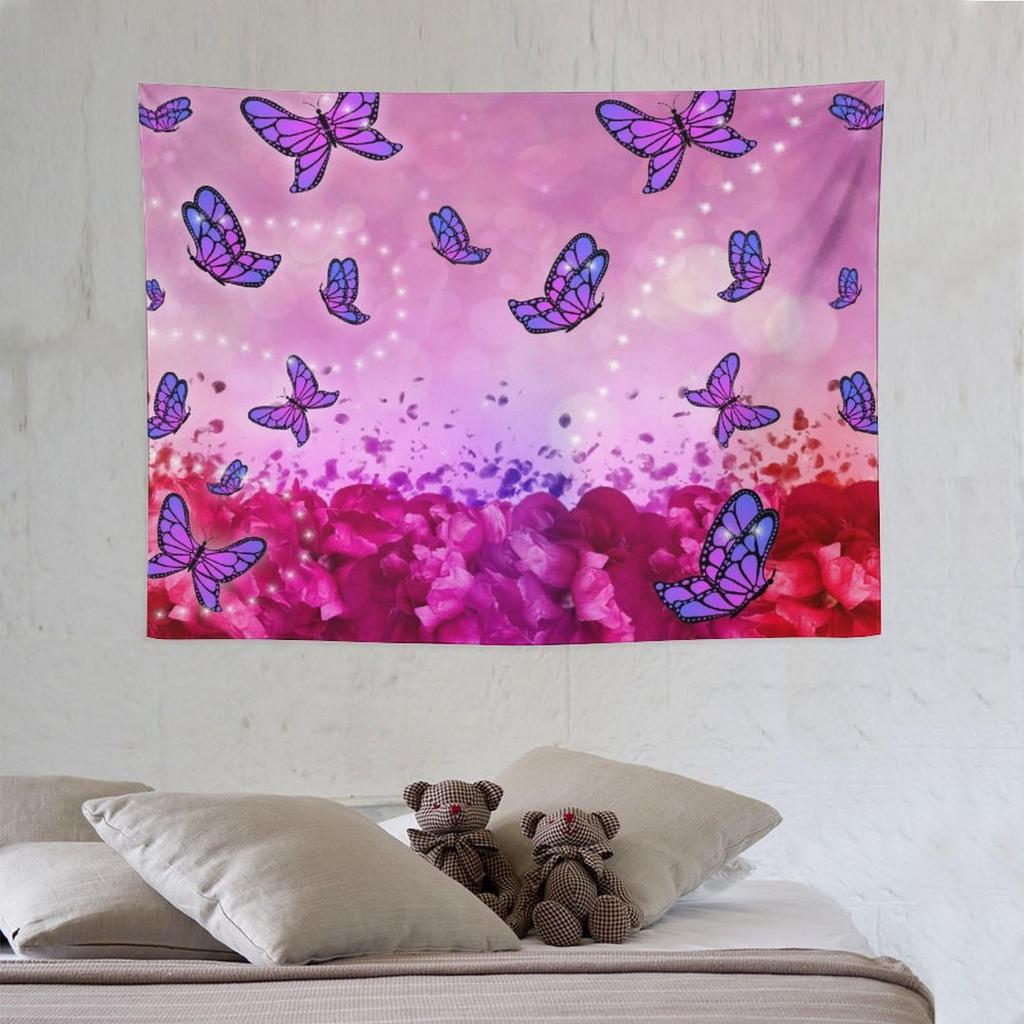 Traumschmetterling Wandteppich Lila Tuschemalerei Schmetterlinge Kinder Mädchen Wandteppiche Heimdekoration für Wohnzimmer Schlafzimmer