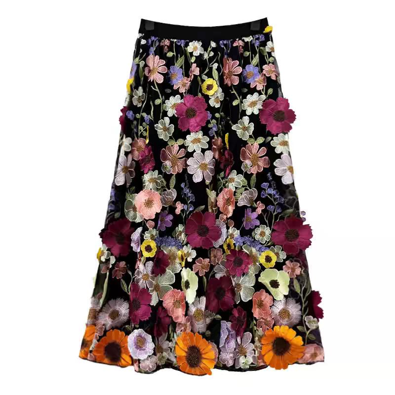 French Retro Embroidered Sunflower Lace High-Waisted Midi Skirt One Size чёрный