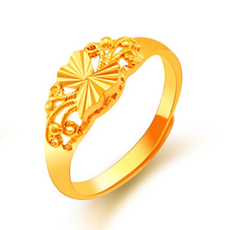 Gilded Brass Adjustable Heart Floral Ring for Women - Imitation Gold