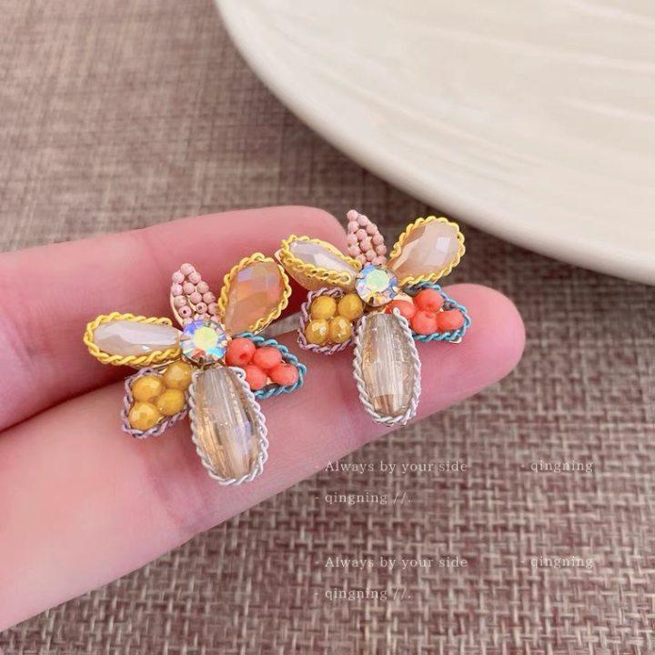 Silver needle contrasting color crystal square earrings fashionable small stud earrings light luxury high sense Mori new earrings women