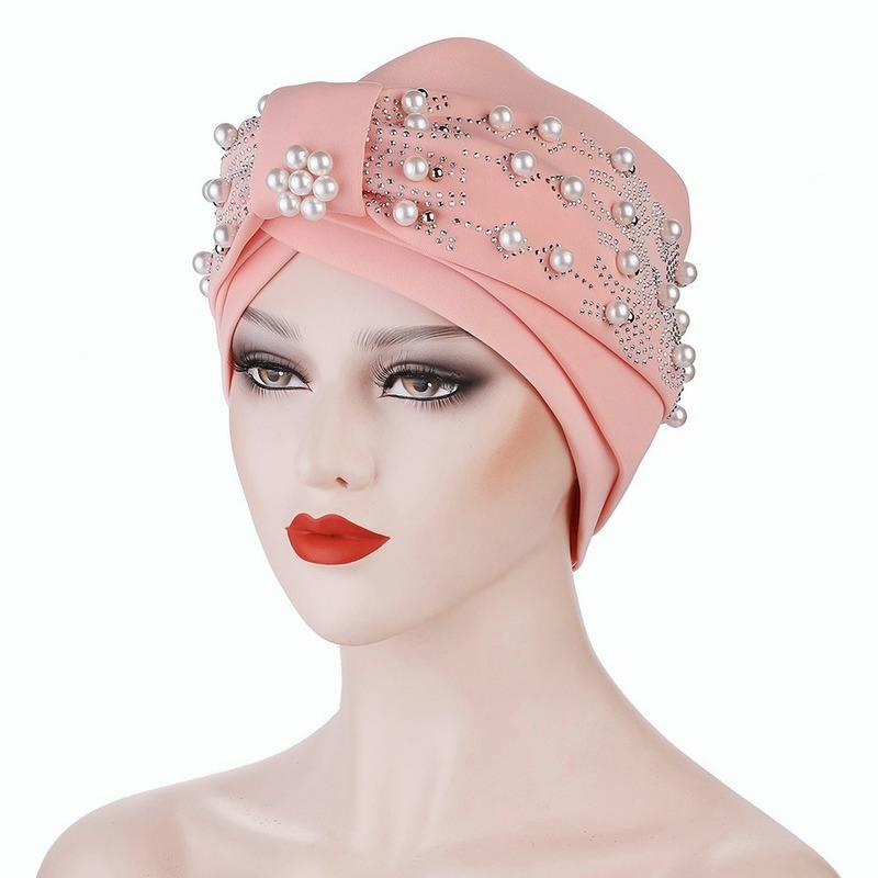 Women's Solid Color Hot Drilling Pearl Turban Hat Cap Head Hat Accessories