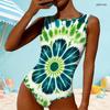 Women Plus Size High Round Neck Sleeveless One Piece Dark Green Clover Printed Swimsuit