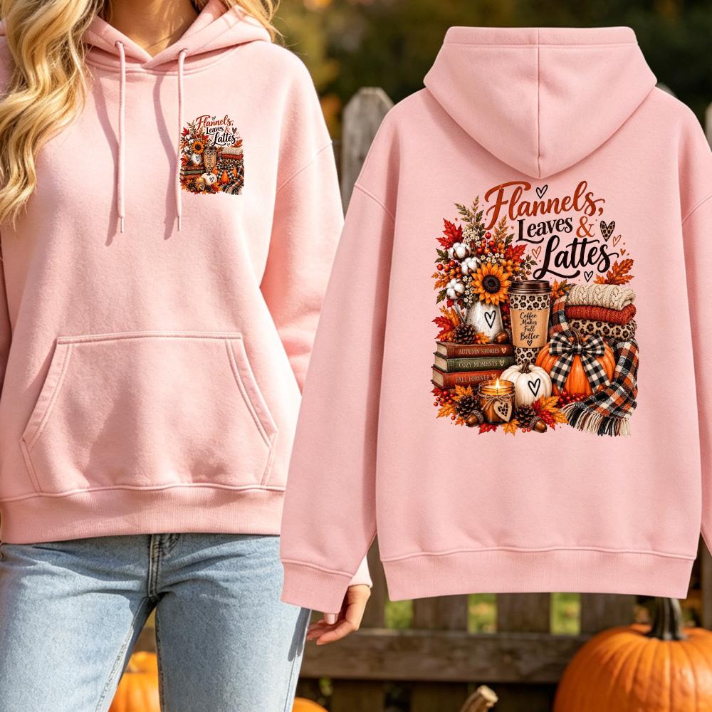 Flannels Leaves Lattes Hoodie Autumn Coffee Graphic Sweatshirt Fall Pumpkin Sunflower Candle Book Unisex Pullover Top