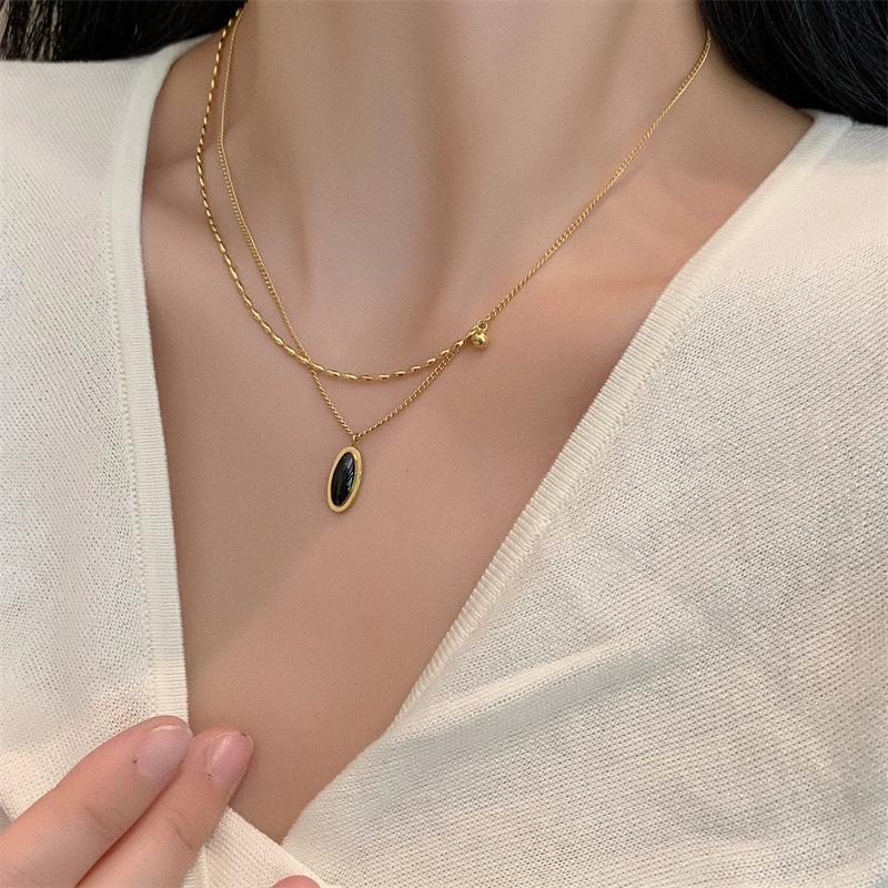 Винтажное французское овальное черное зеркало Ожерелье на ключицы - Многослойный ретро-дизайн серебряный