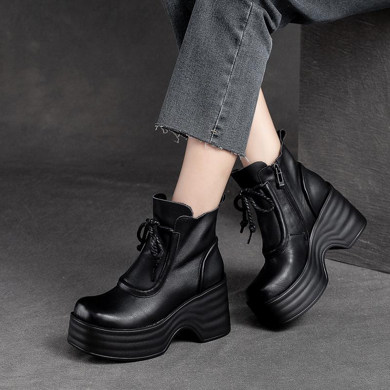 Fashion GKTINOO 7cm Woman Cow Genuine Leather Autumn Ankle Boots Spring Booties Ethnic Rero Moccasins Platform Wedge Chunky Heels Shoes