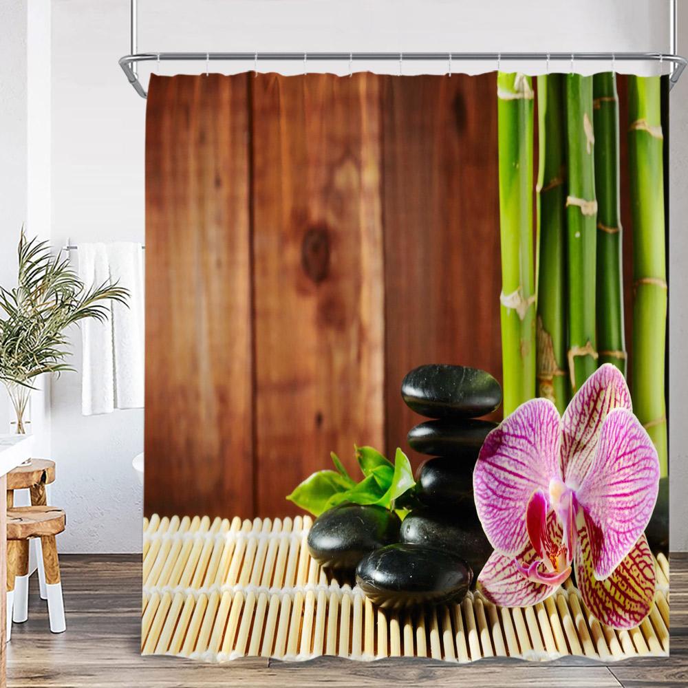 Zen Zasłony Prysznicowe Czarny Kamień Zielony Bambus Lotos Spa Świeca Fioletowa Orchidea Naturalny Liść Zasłona Łazienkowa Medytacja Wystrój Kąpieli