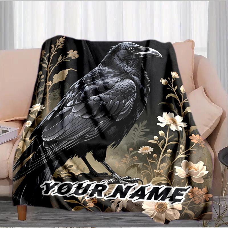 1PC Custom Name Raven Floral Garden Flannel Blanket Versatile,all-season Throw Suitable for the Living Room,bedroom,camping,travel,and Gift