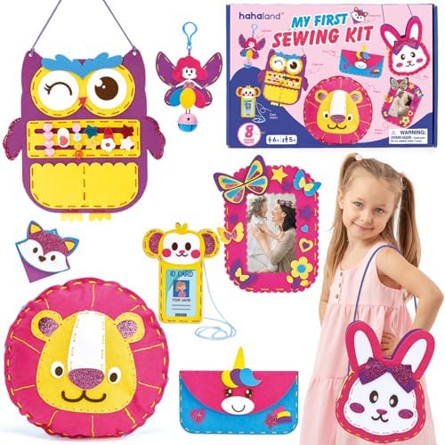 Hahaland Kids Sewing Kit with Unicorn, Owl, Rabbit, 8 Easy Projects, Beginner DIY Felt Craft Set, Toy Gift for Girls Ages 6 7 8 9 10