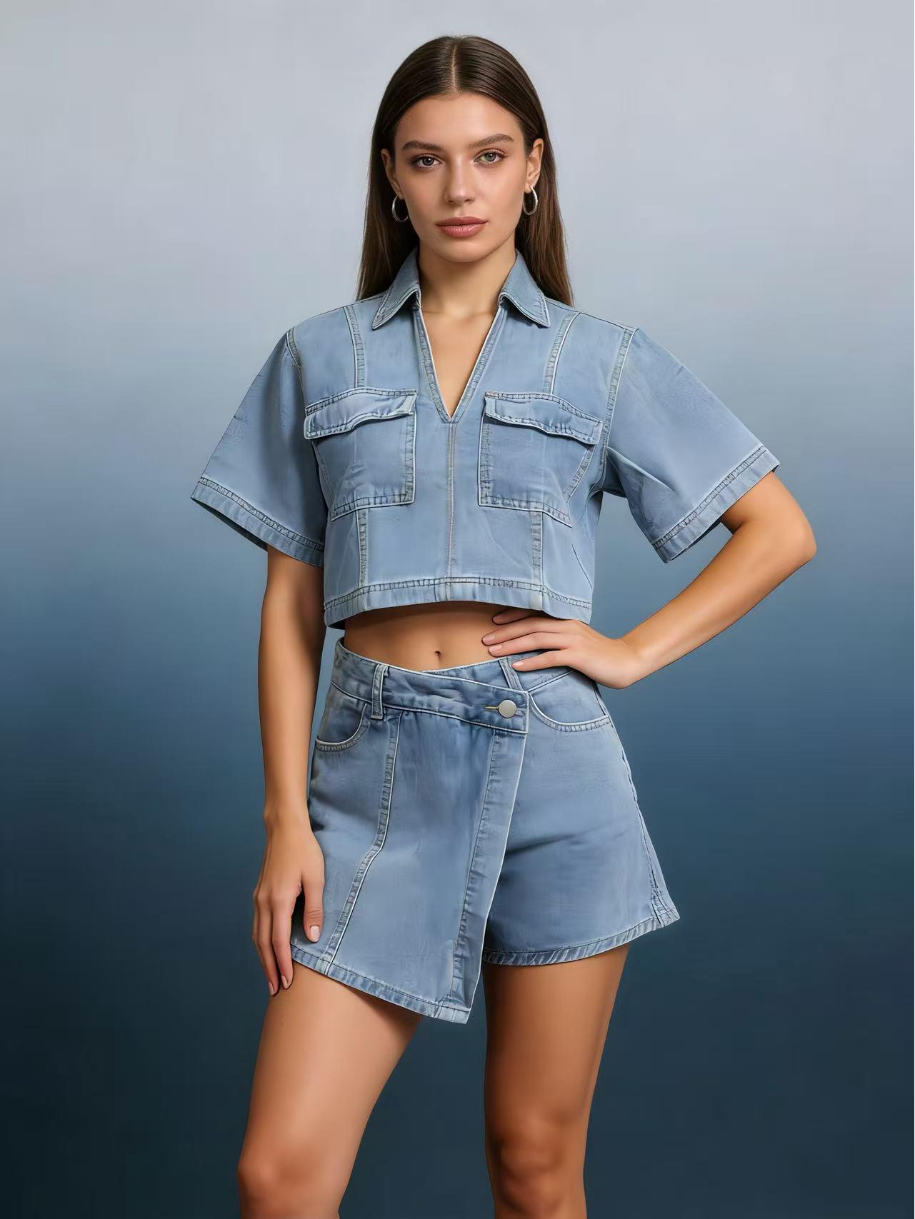 

Women s Summer V-Neck Short Sleeve Denim Set: High Waist Irregular Skirt Pants & Top Large светло-синий