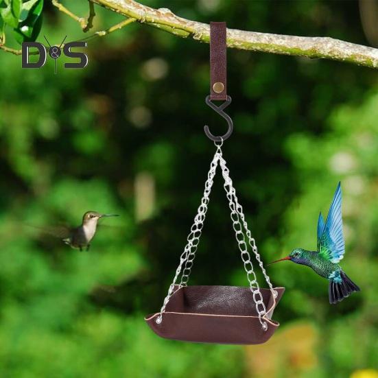 Hanging Bird Feeder Outdoor Hummingbird Feeders Faux Leather Feeding Tray Metal Mesh Attracting Wild Birds Square Platform