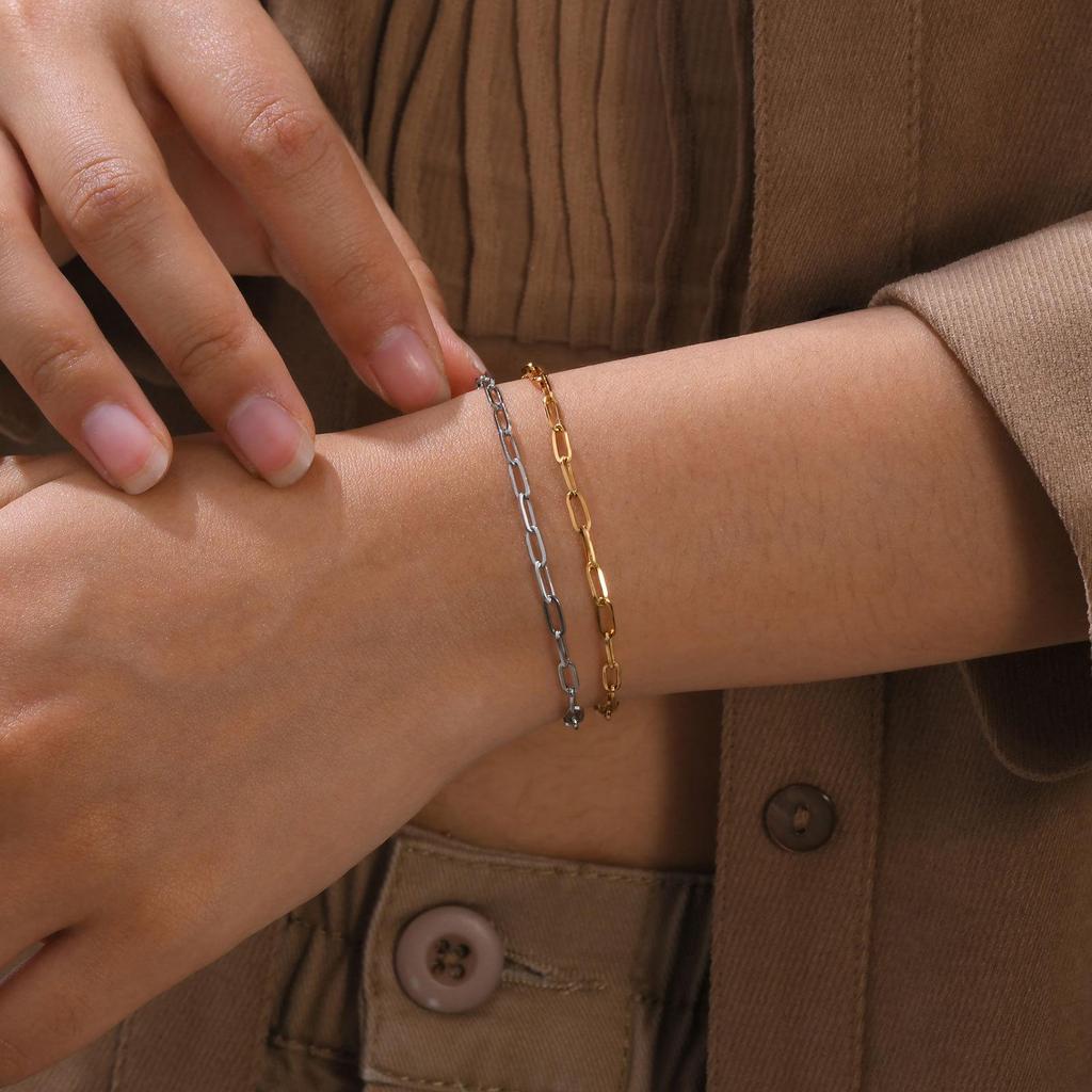 European & American Gold Stainless Steel Paperclip Chain Bracelet for Women
