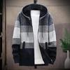 Thicken Plush Warm Cardigan Sweater Knitted Coat for Men Color Block Hooded Autumn Winter Daily Wear