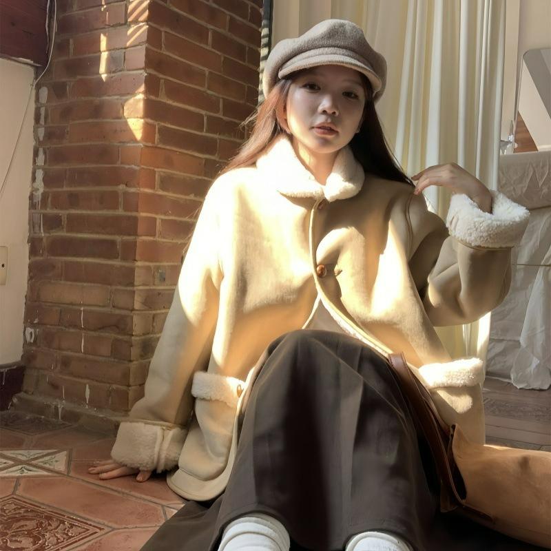 Wildleder Schulter Wollmantel Damen Winter Übergröße Fett Mm Lammwolle Steppstrick Baumwolljacke