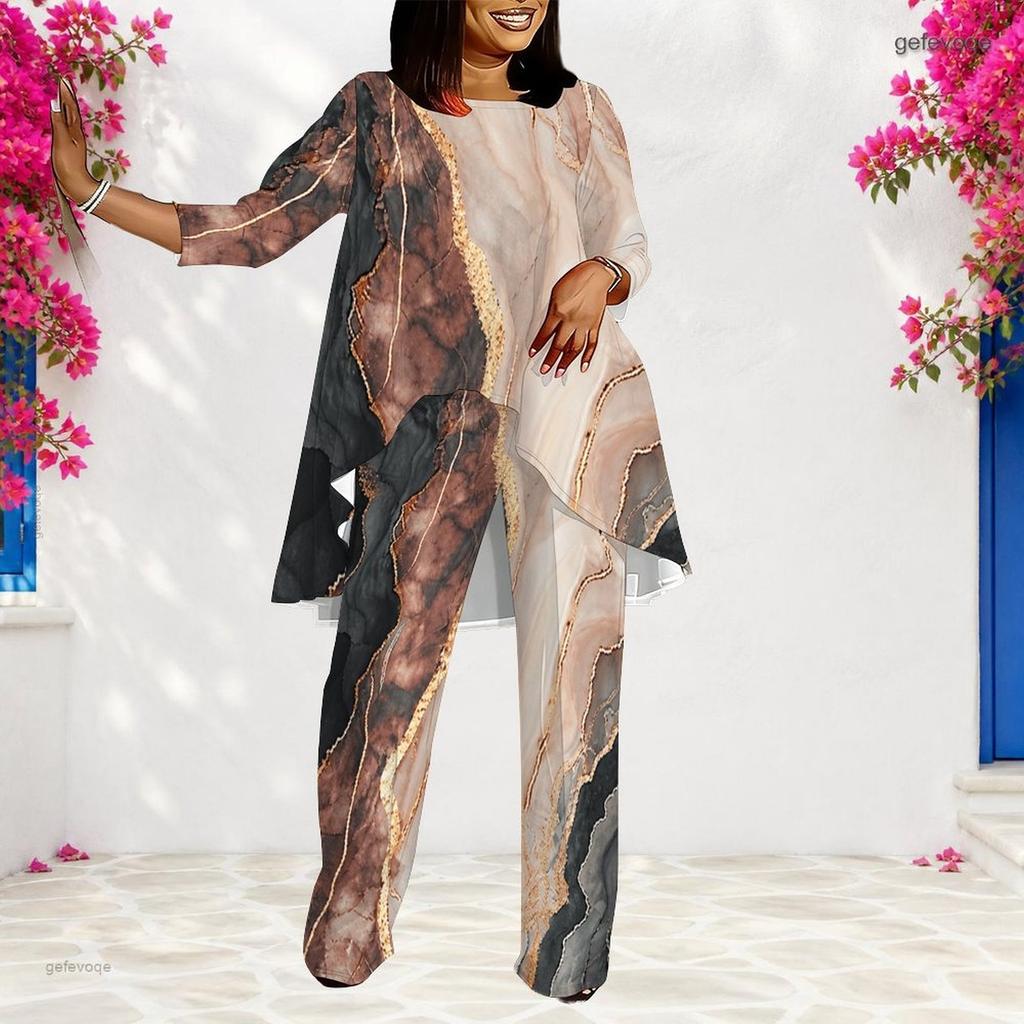 Women Plus Size Round Neck Long Sleeve Printed Layered Top Wide Leg Pants Two Piece Set