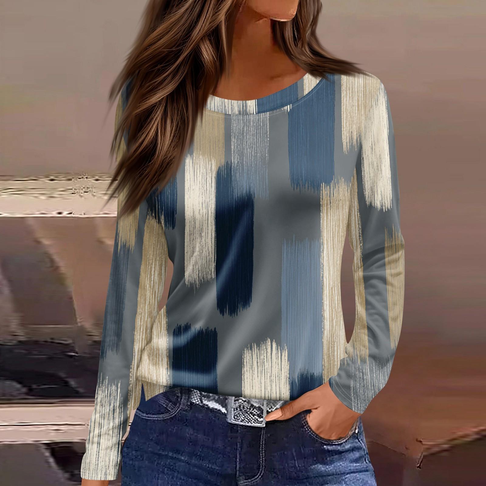 

Women s Fashion Hem Slit Casual Floral Print Round Neck Long Sleeve Top L синій