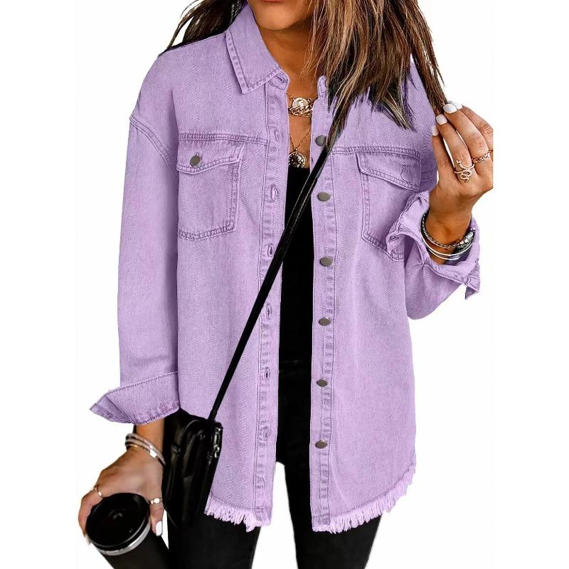 Washed Denim Jacket Women Autumn Tassel Lapel Jeans Female Casual Loose Long Sleeve Single Breasted Outerwear Shirts Coat