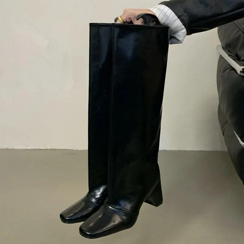 

Eilyken Сексуальные женские сапоги до колена в стиле панк, дизайнерские туфли на высоком квадратном каблуке с ажурной отделкой, зимние банкетные женские ботильоны 38 чёрный