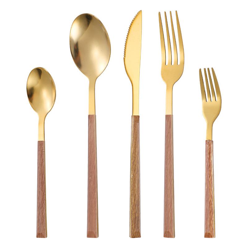 Stainless steel knife, fork and spoon set, household western tableware, steak knife imitation wood grain holder set