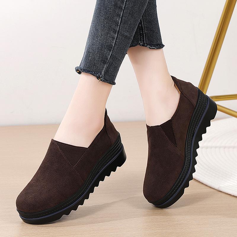 Rutschfeste Damen Plateau Schuhe Mode Kuhveloursleder Keilabsätze Slipper Loafer Freizeitschuhe