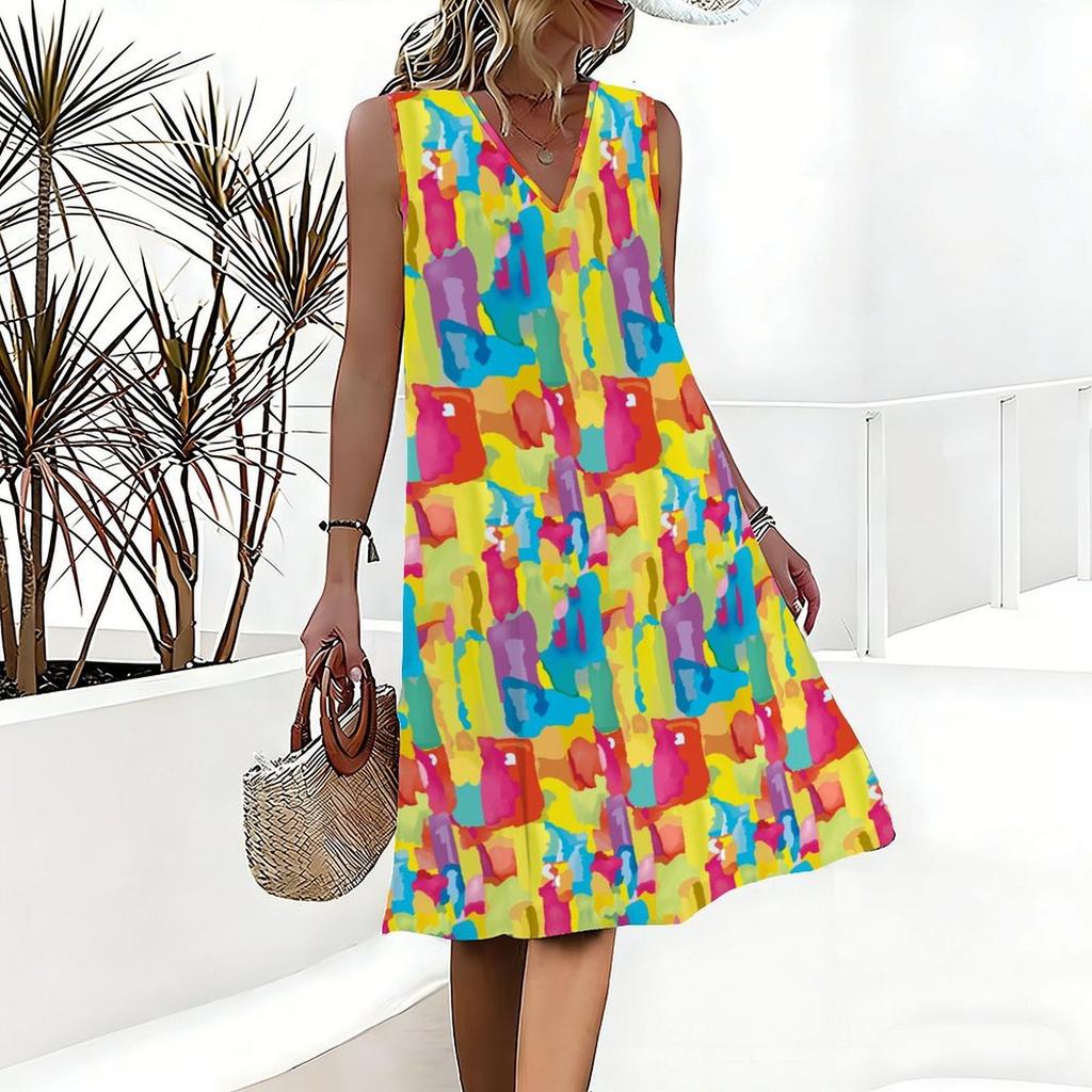 Plus Size V Neck Sleeveless Dress Watercolor Blossom Print For Outdoor Garden Party