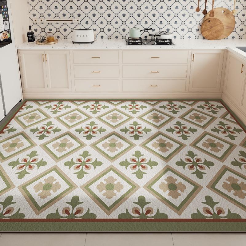 Large PVC Kitchen Floor Mat Waterproof Non-slip Green Rug Geometric Flower Design Home Decoration Rugs Durable Leather Carpet