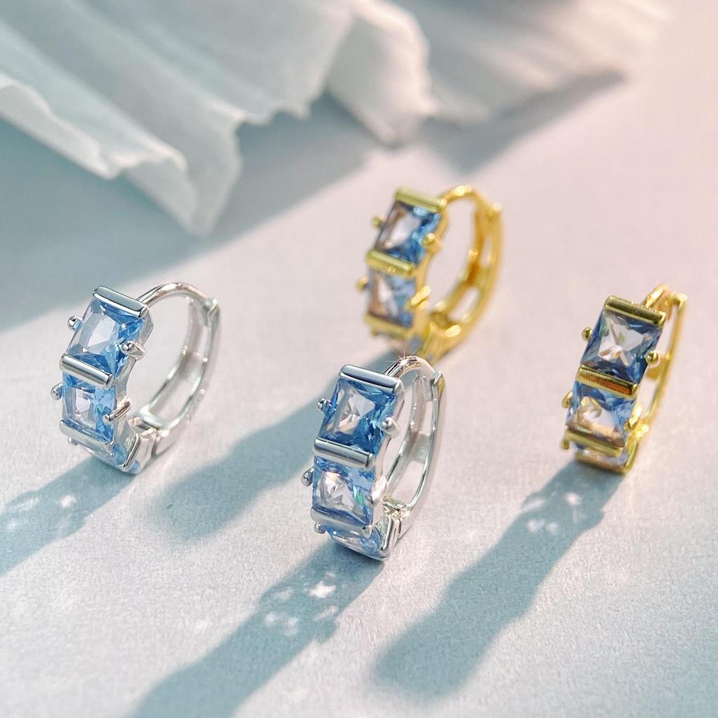 18K Gold-Plated S925 Sterling Silver Earrings, Geometric Blue Zirconia, Retro Versatile Design