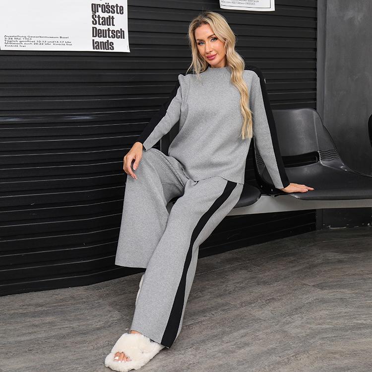 Conjunto de dos piezas de suéter de punto casual para mujer de otoño invierno, tops de manga larga tipo jersey y pantalón de pierna ancha, chándal