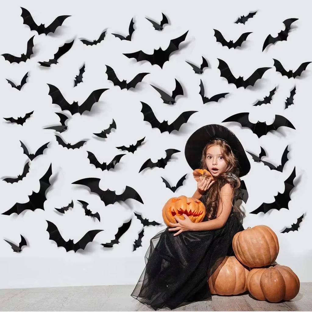 72pcs 3D Black PVC Bat Wall Stickers Halloween Decorations Scary Party Props DIY Home Bar Room Decoration for Spooky Halloween Night