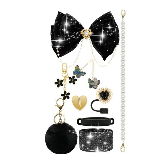 1 Set Tassenhülle Funkelnde Strasssteine Schleife Plüschball Dekoration Kunstperlen Lanyard Tassenzubehör mit Silikonboden-Schutz