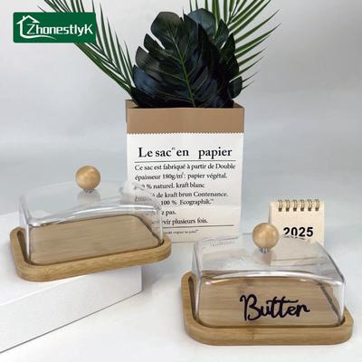 Nordic Countertop Bamboo Butter Dish with Transparent Acrylic Lid Kitchen Storage Butter Container Box Butter Tableware