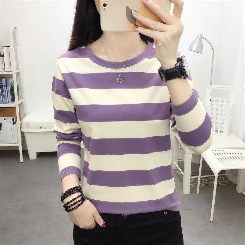 

Весна 2024 Корейская свободная полосатая хлопковая женская футболка с длинным рукавом L (106-120 lbs) абрикосовый/фиолетовый