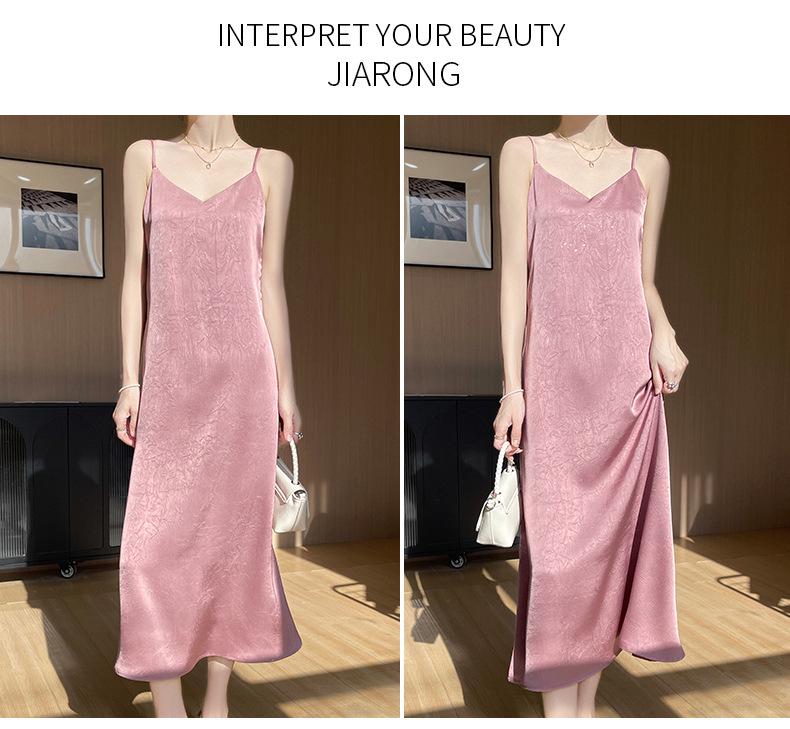 Elegant Solid Color Flower Acetate Satin V-Neck Spaghetti Strap Summer Dress for Women