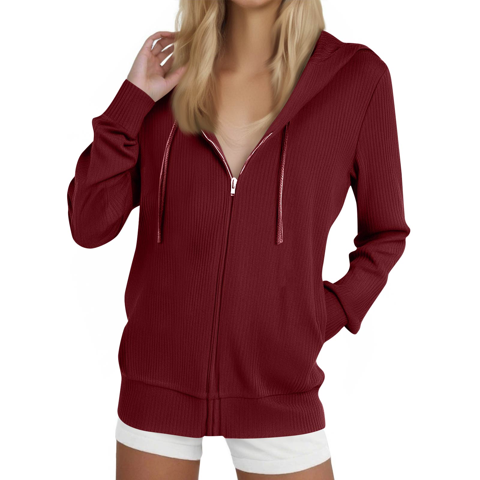 

Женская модная повседневная толстовка, свободный кардиган на молнии, куртка с длинным рукавом и капюшоном XXL винный