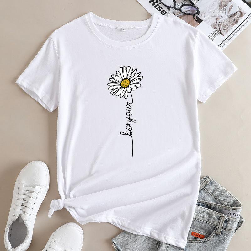 Summer Round Neck Daisy Pattern Printed Top Fashionable Casual Short Sleeved Women's Pure Cotton T-shirts