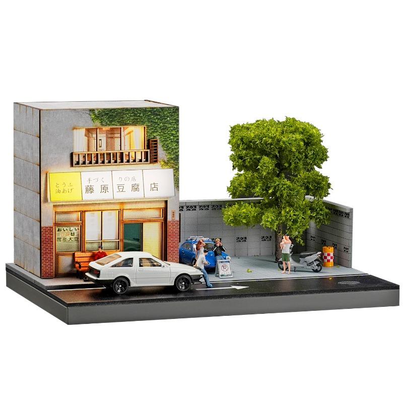 Miniature Scene of Japanese-style Fujiwara Tofu Shop for 1/64 Scake Car Model Double-layer Simulation Stereo Scene with Lighting