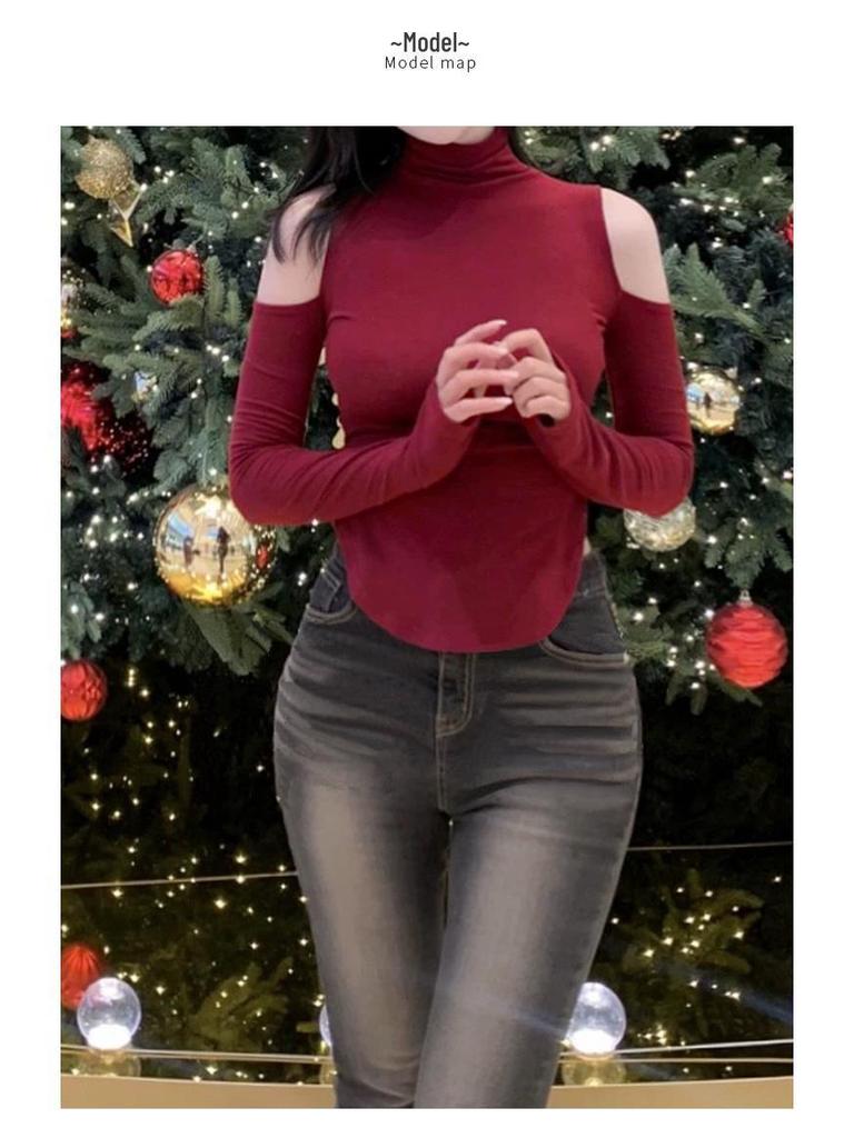 Korejský zeštíhlující top s výstřihem odhalujícím ramena a dlouhým rukávem pro ženy