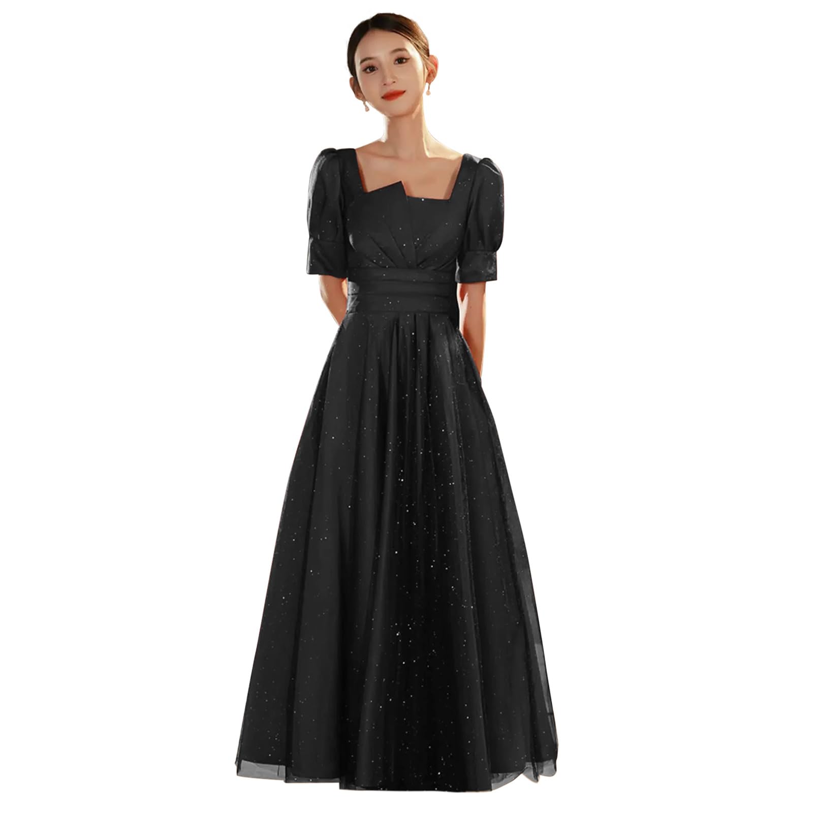 

Party Long Puff Short One Reception [DEEPEYES] Dress, Length, Sleeves, Sleeves, Sequins, Piece, Wedding, After-Party, Invitation, Concert, (M, Black) чорний