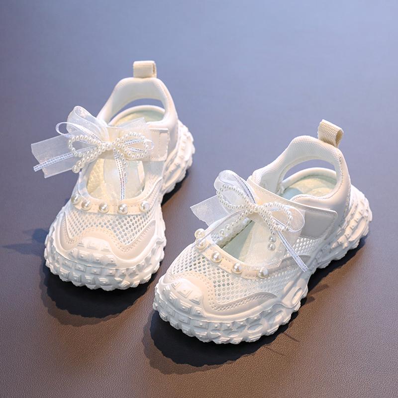 Sweet Pearl Bowknot Decoration Sneakers Girl Autumn Breathable Mesh Hollow Out Sports Shoes Soft Thick Bottom Running Shoes