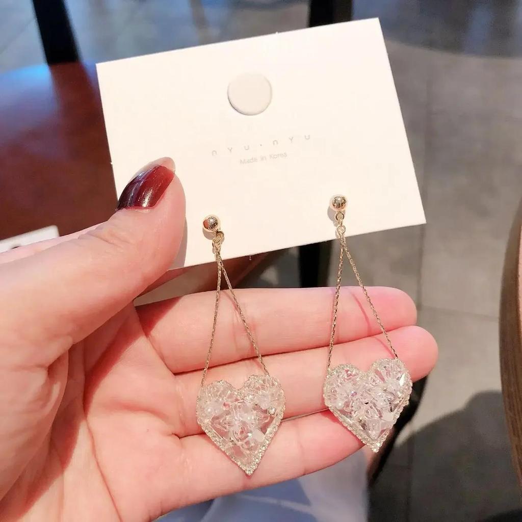Womens Heart Shaped Dangle Earrings Fashion Long Crystal Pendant Wedding Party Gift Jewelry Accessories Dangling Earrings